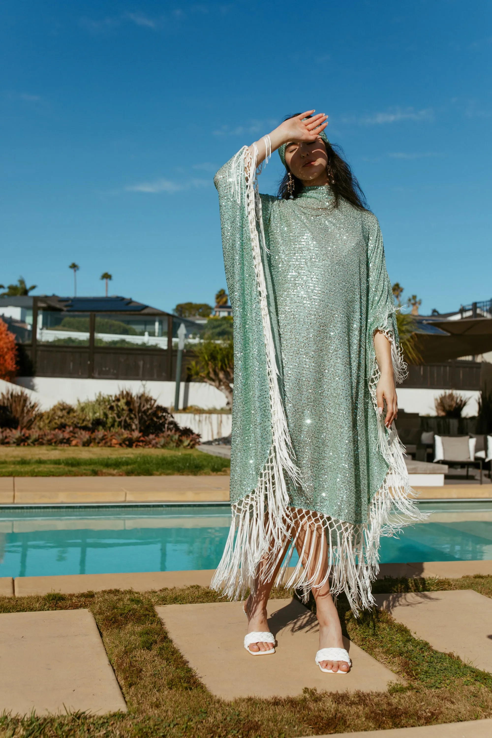 Serenade Sequin Mock Neck Caftan Kaftan Dress with Slip