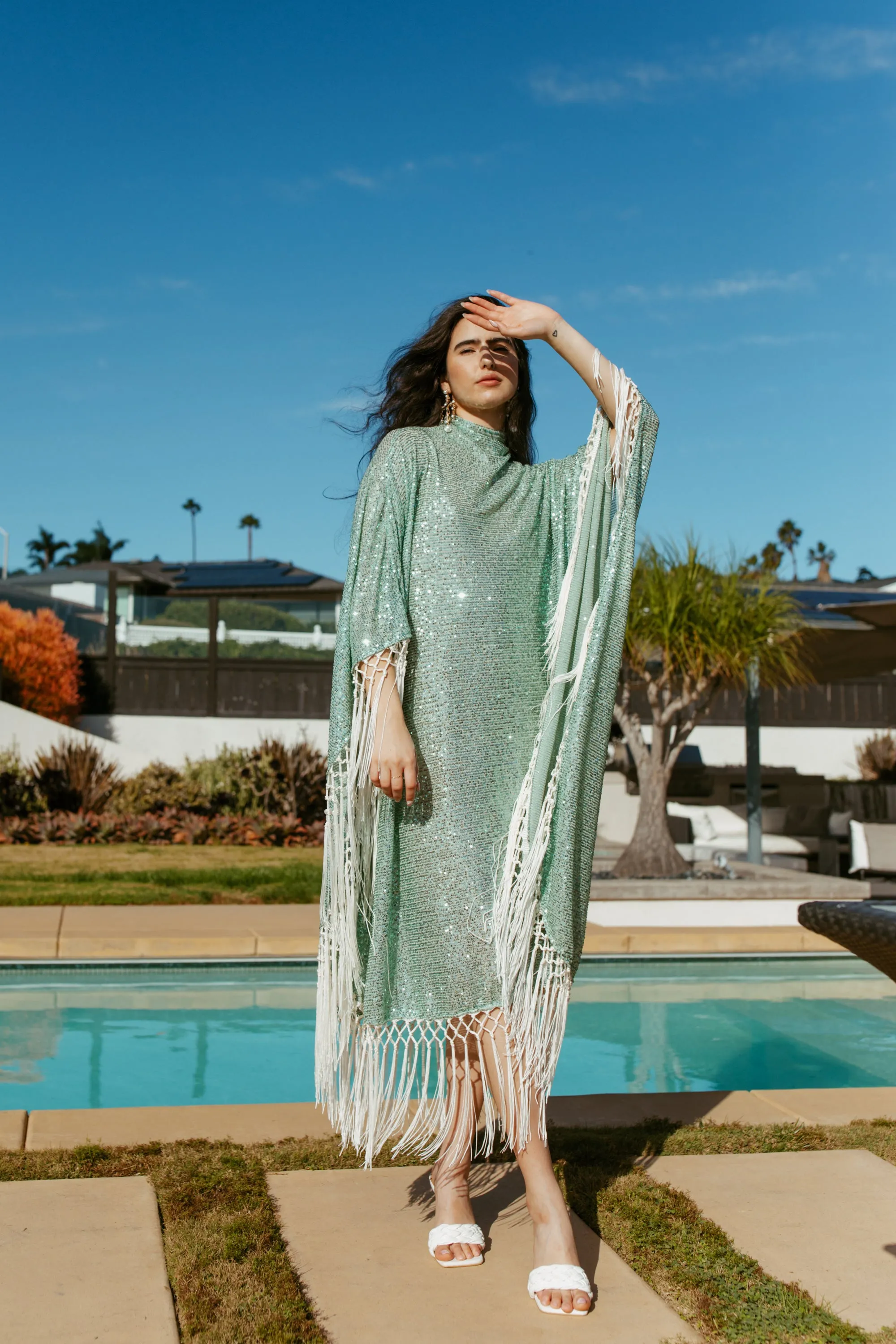 Serenade Sequin Mock Neck Caftan Kaftan Dress with Slip