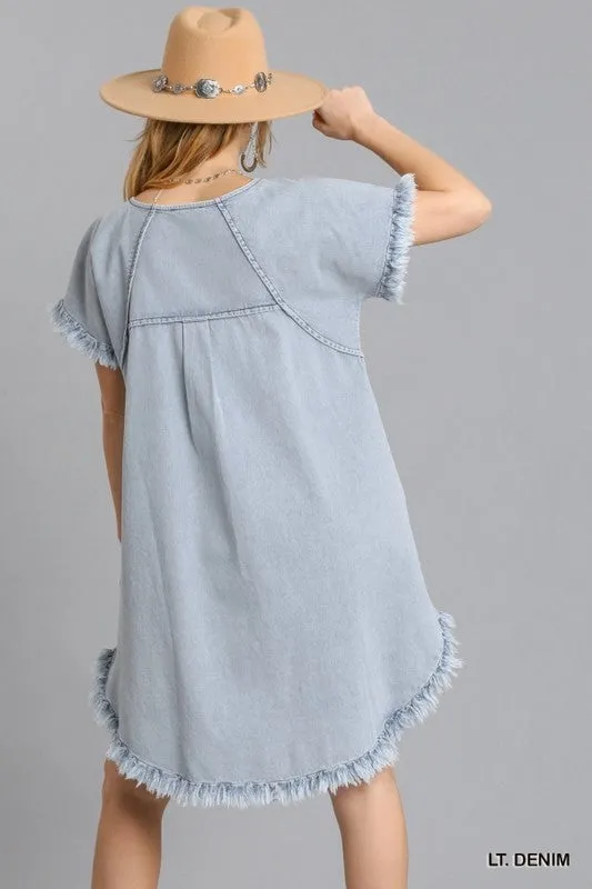 Short Sleeve Pocket Denim Dress with Fringe