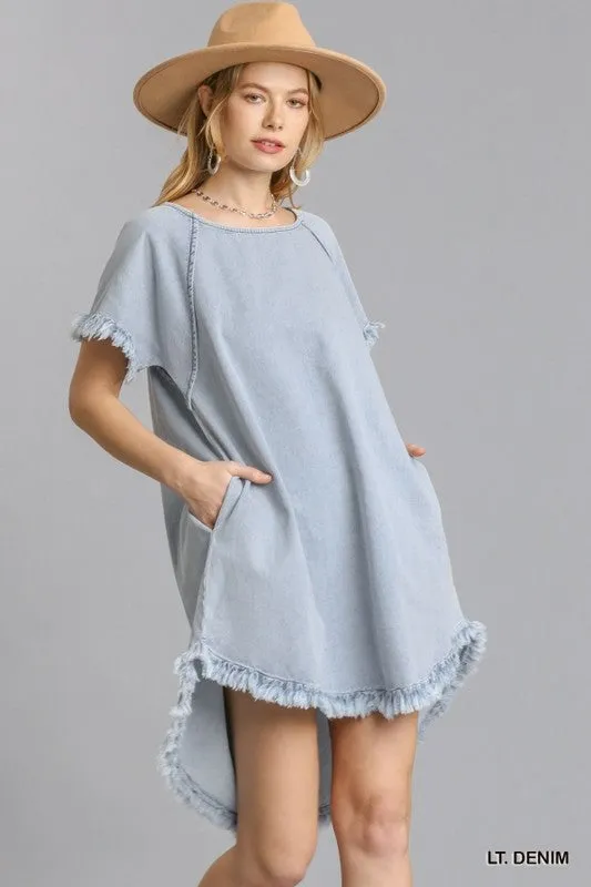 Short Sleeve Pocket Denim Dress with Fringe