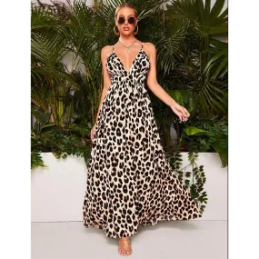 Sling Leopard Print High Waist Maxi Dresses Wholesale Womens Clothing N3824040700328