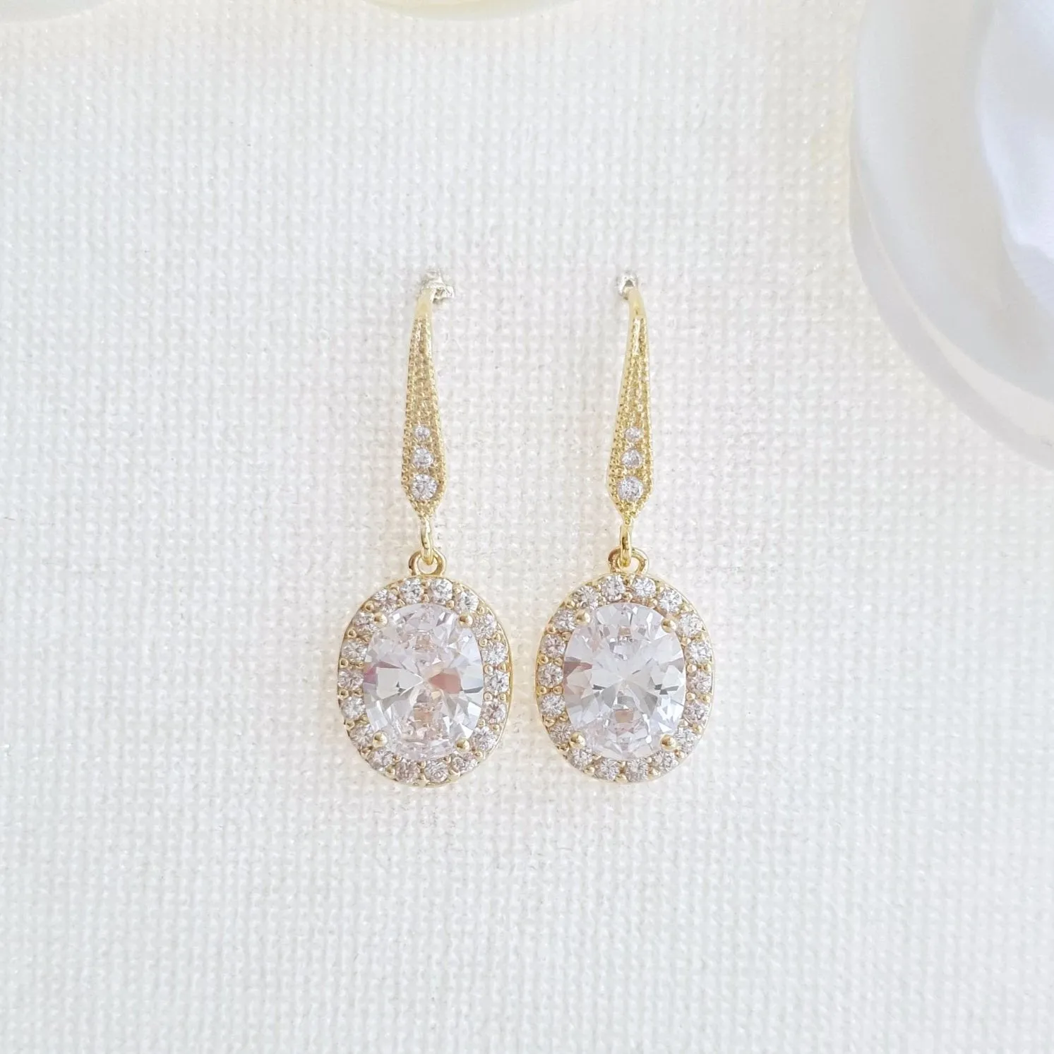 Small Gold Dangle Earrings With Oval CZ Drops-Emily