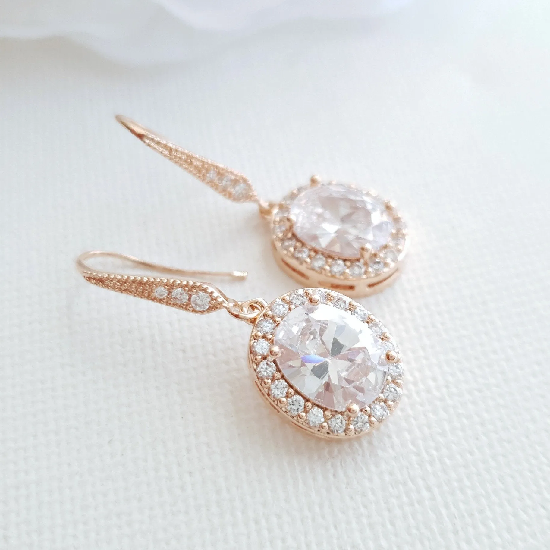 Small Gold Dangle Earrings With Oval CZ Drops-Emily