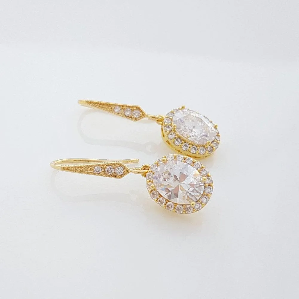 Small Gold Dangle Earrings With Oval CZ Drops-Emily