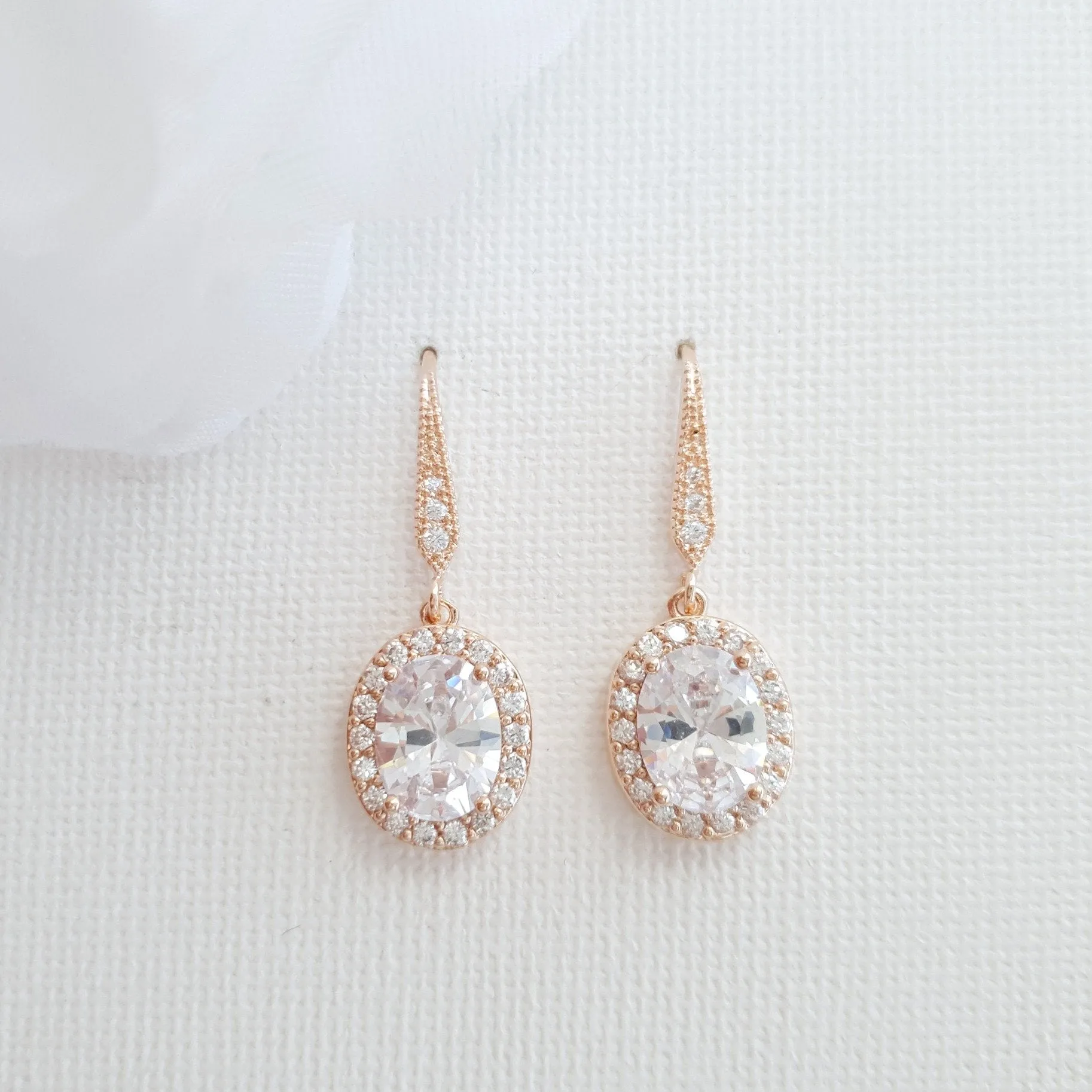 Small Gold Dangle Earrings With Oval CZ Drops-Emily