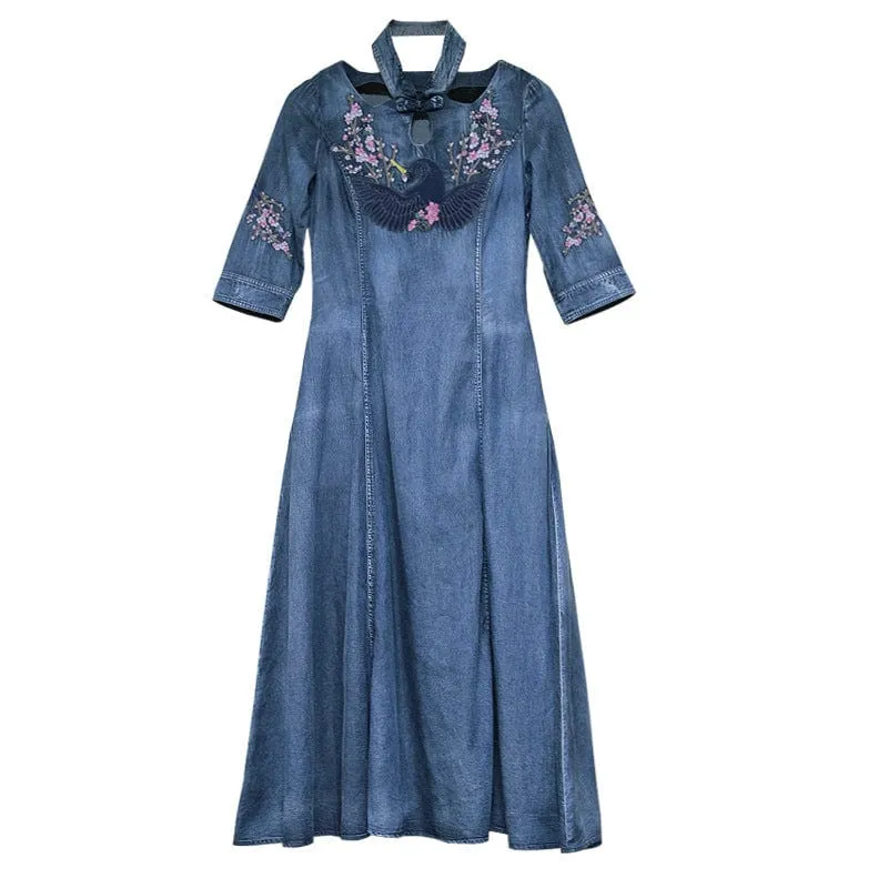 Swan Embroidered Denim Dresses