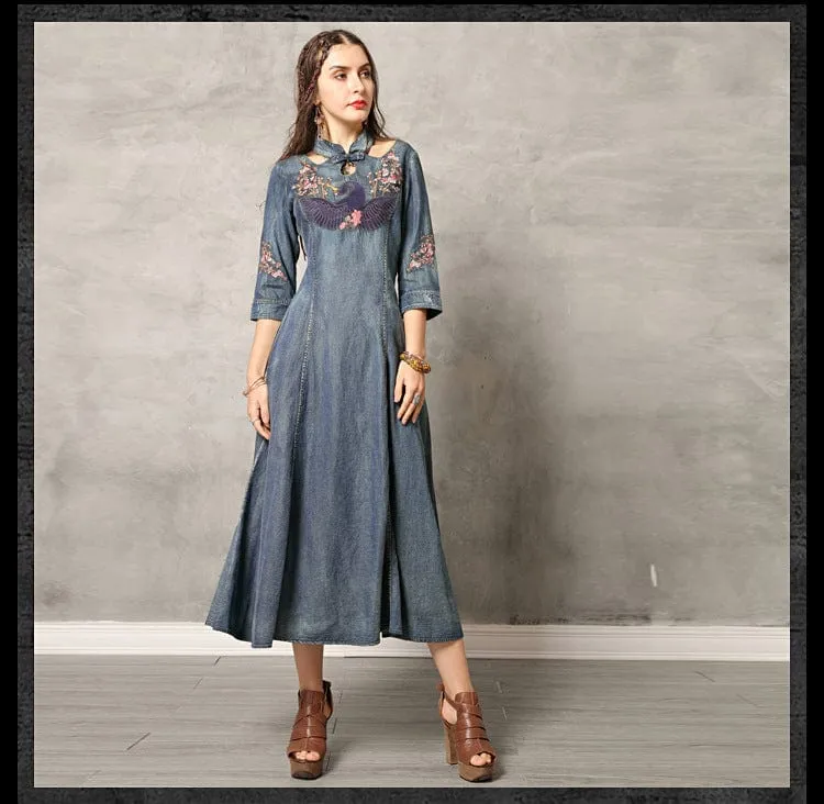 Swan Embroidered Denim Dresses