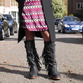 TU1505- Black Fringe Knee High Boot