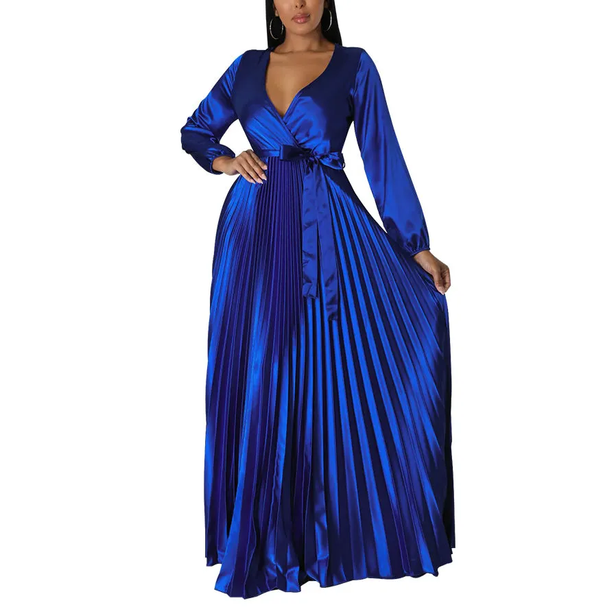 V-Neck Balloon Sleeves Pleated Dress Wholesale Womens Clothing N3823103000067