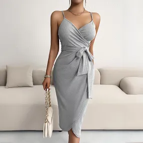 V-Neck Solid Color Fitted Sling Dresses With Belt Wholesale Womens Clothing N3824071500009