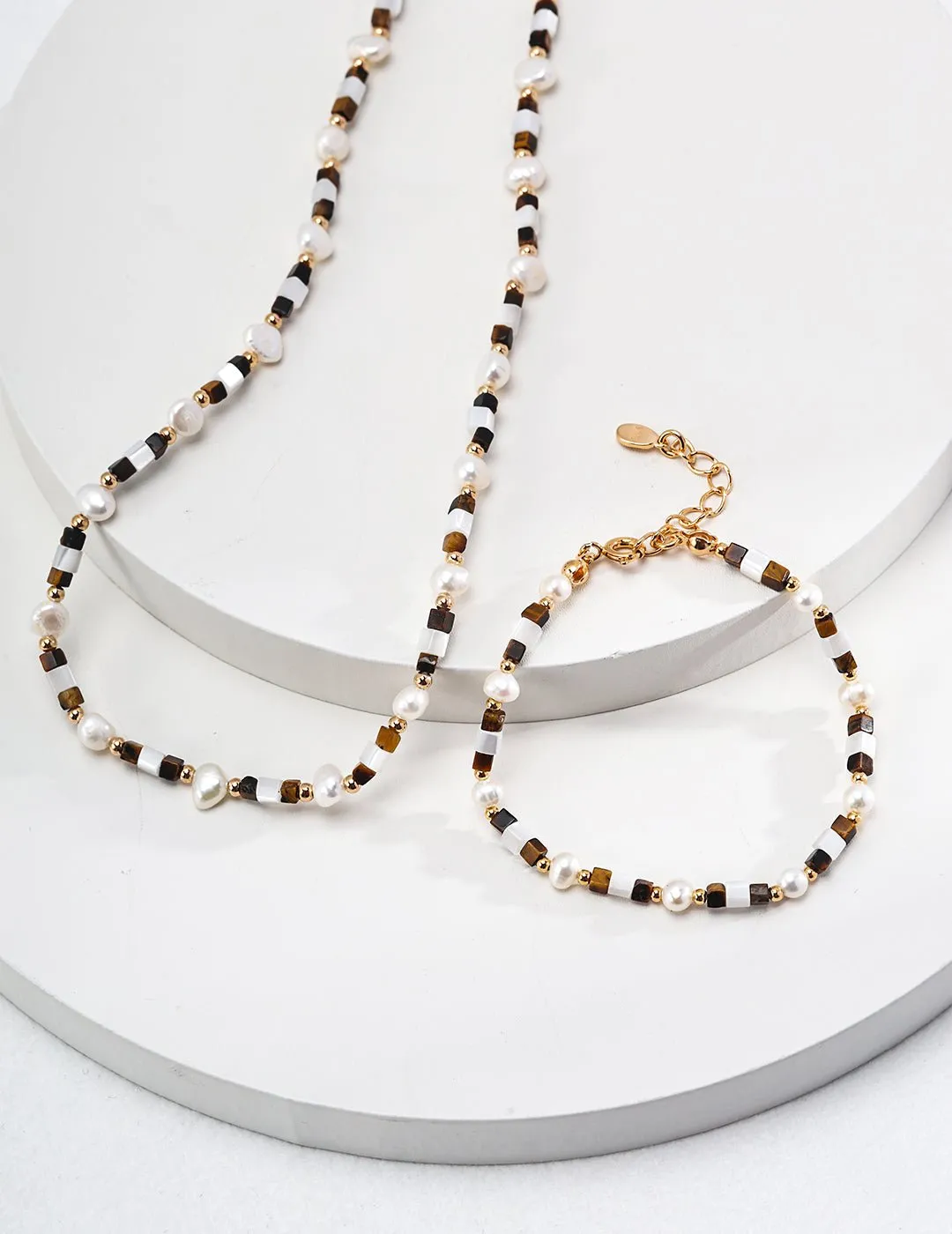 Vintage Gold Tiger Eye Stone Spliced Pearl Necklaces