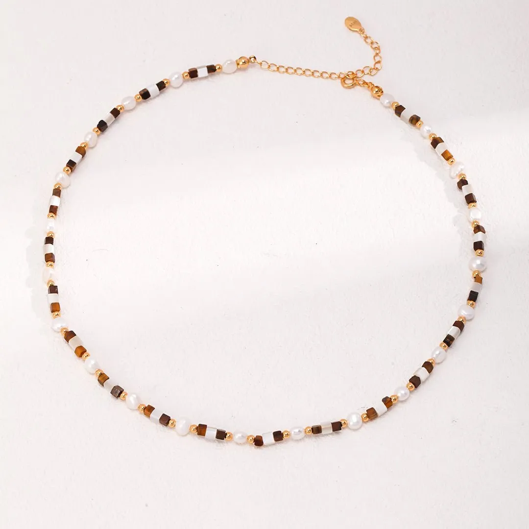 Vintage Gold Tiger Eye Stone Spliced Pearl Necklaces