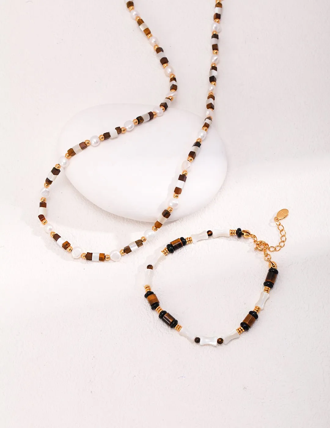 Vintage Gold Tiger Eye Stone Spliced Pearl Necklaces