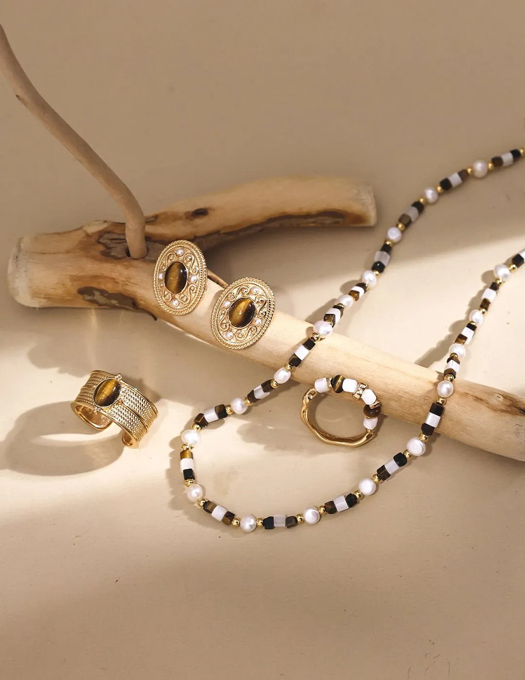 Vintage Gold Tiger Eye Stone Spliced Pearl Necklaces