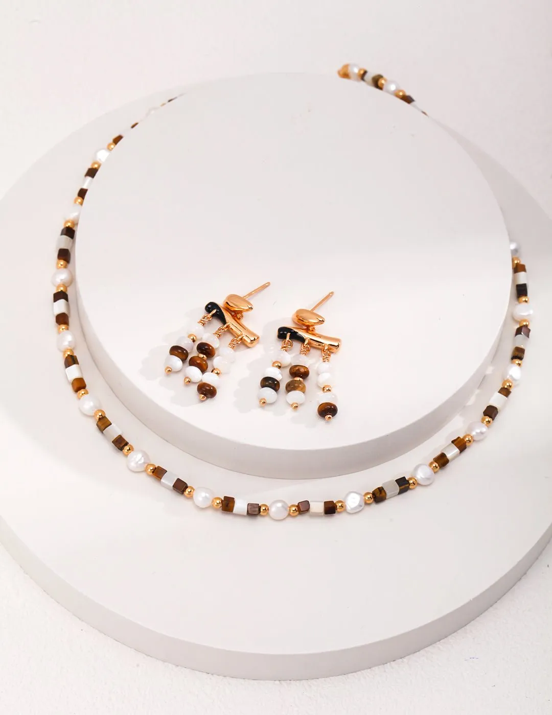 Vintage Gold Tiger Eye Stone Spliced Pearl Necklaces