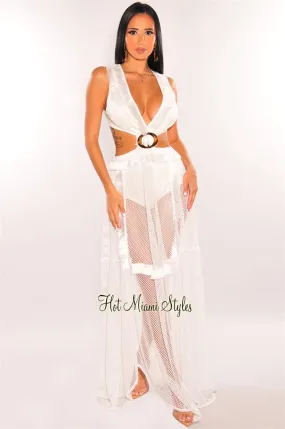 White Fringe Cut Out Lace Up Back Sleeveless Maxi Dress