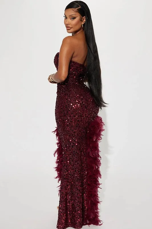 Wine Strapless Slit Feather Sequin Maxi Dress