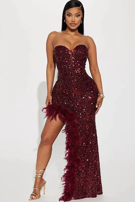 Wine Strapless Slit Feather Sequin Maxi Dress