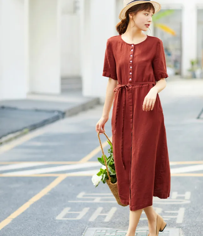 Women Dresses Short Sleeve Casual Summer Linen Women Dresses SJ97215