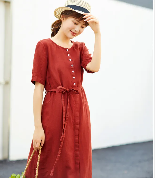 Women Dresses Short Sleeve Casual Summer Linen Women Dresses SJ97215