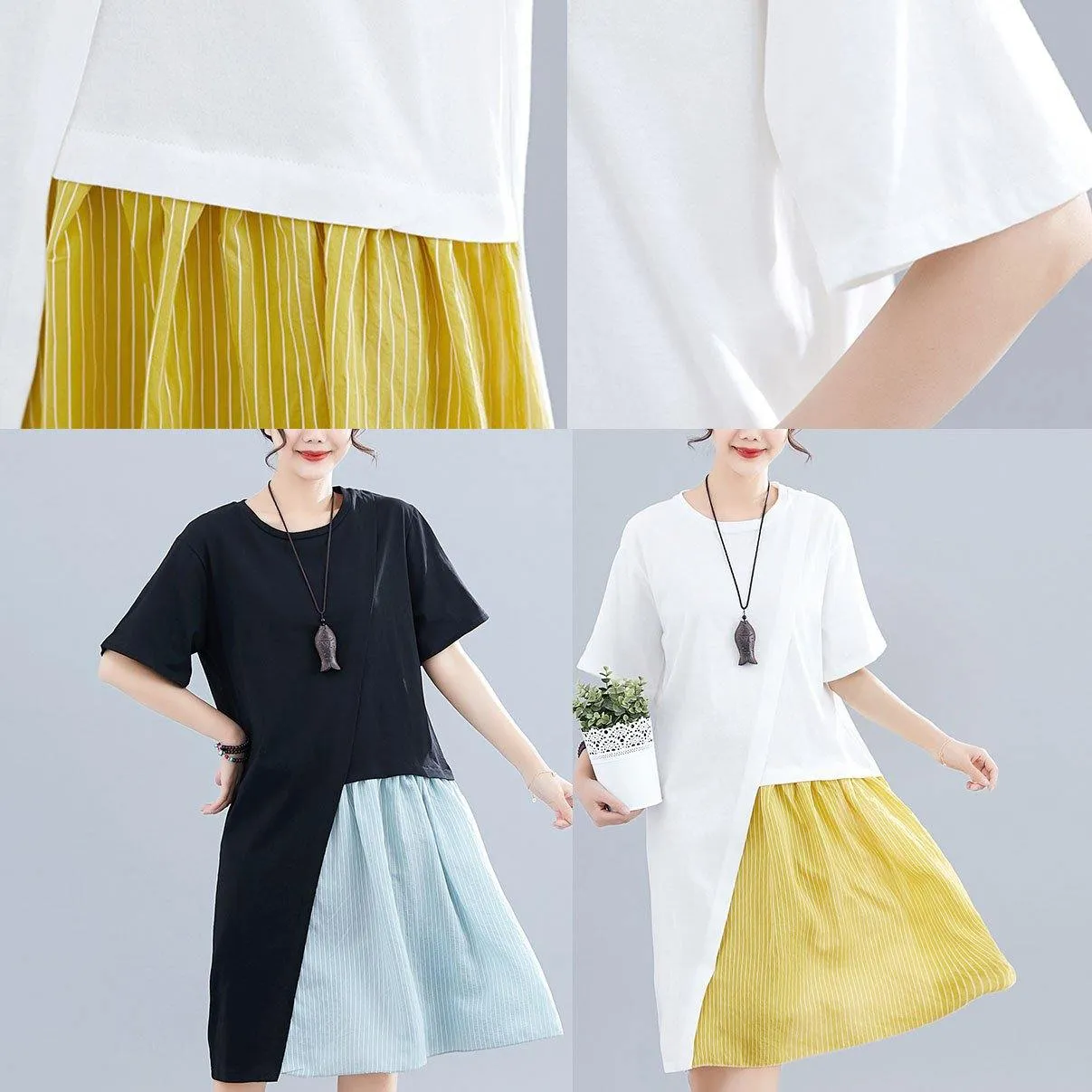 Women patchwork o neck linen dresses Sewing white Dresses summer