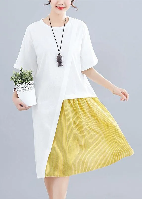 Women patchwork o neck linen dresses Sewing white Dresses summer