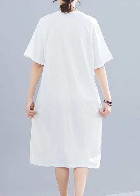 Women patchwork o neck linen dresses Sewing white Dresses summer