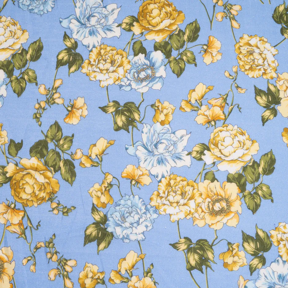 Yellow Floral Printed Periwinkle Blue Pure Linen