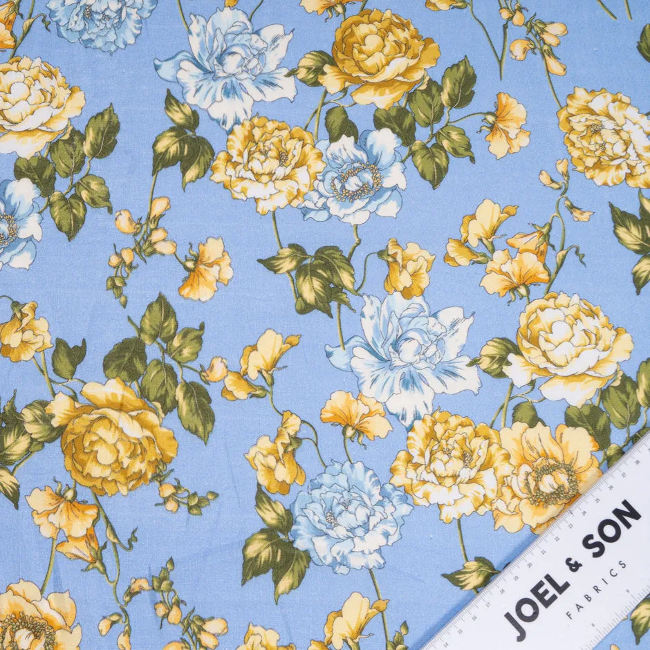 Yellow Floral Printed Periwinkle Blue Pure Linen