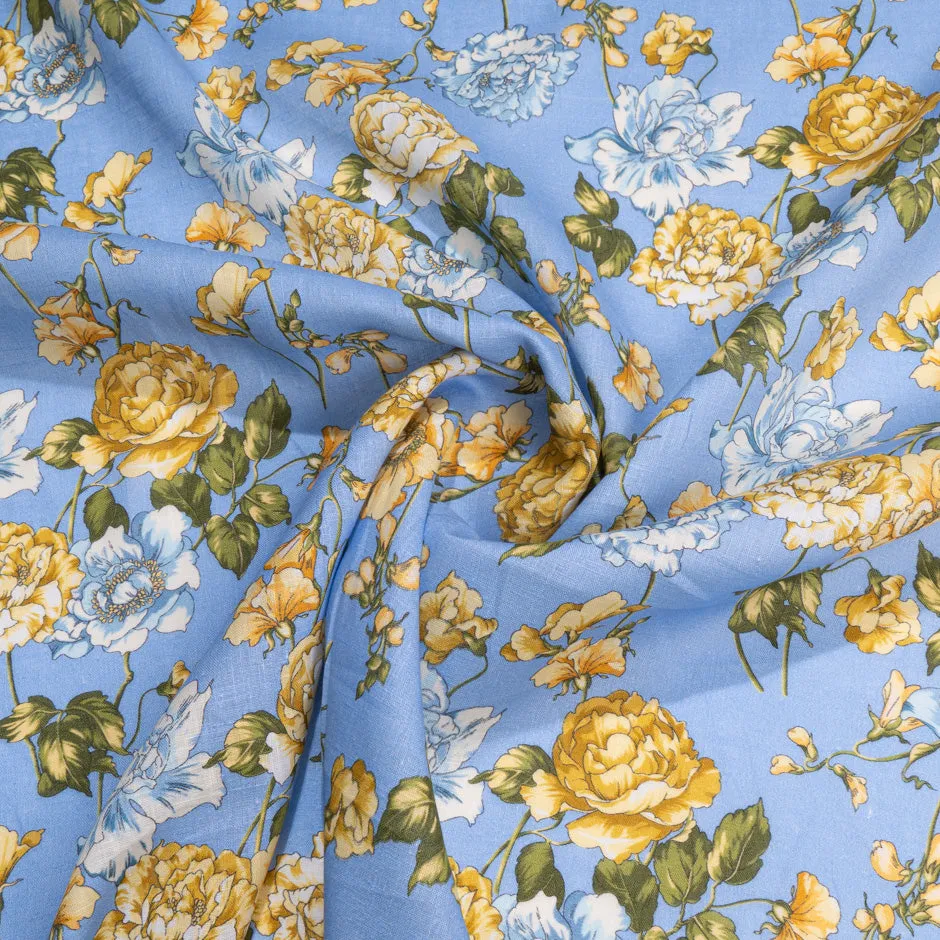 Yellow Floral Printed Periwinkle Blue Pure Linen