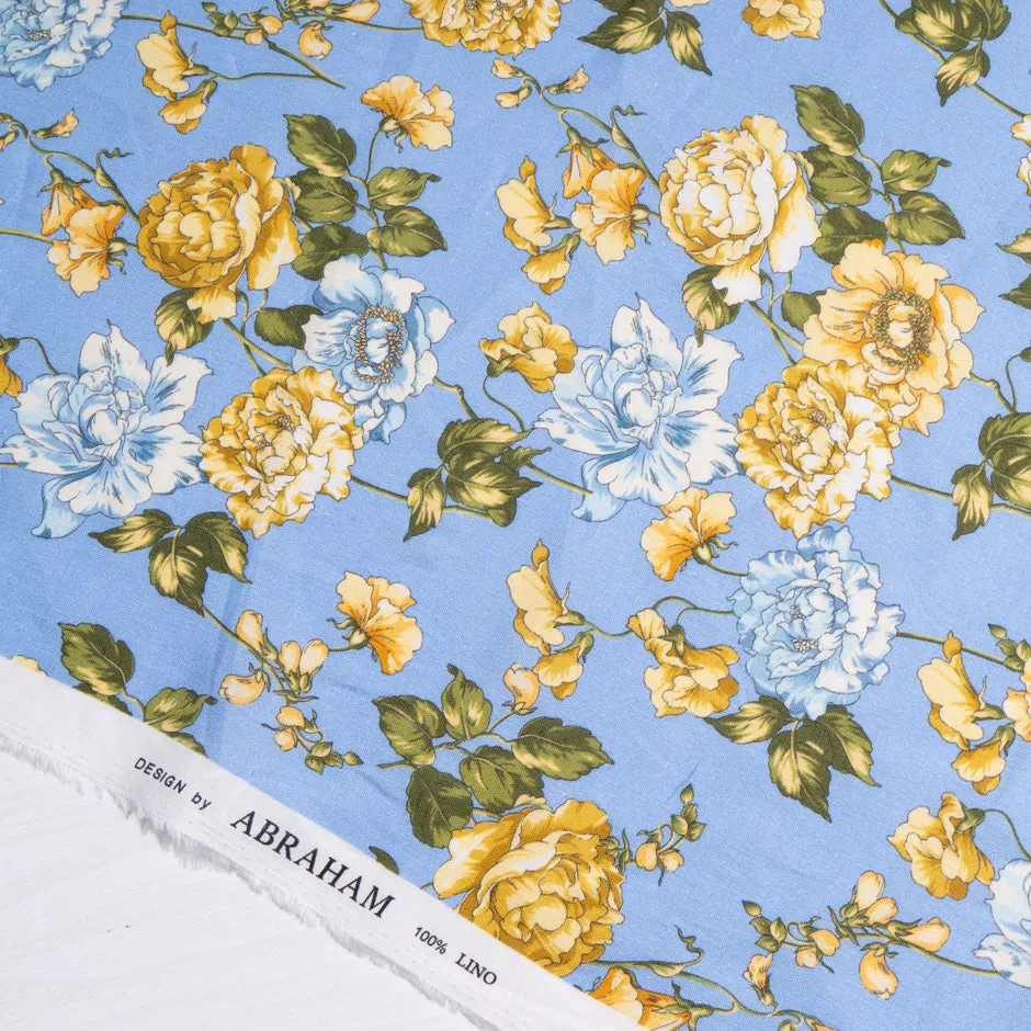 Yellow Floral Printed Periwinkle Blue Pure Linen