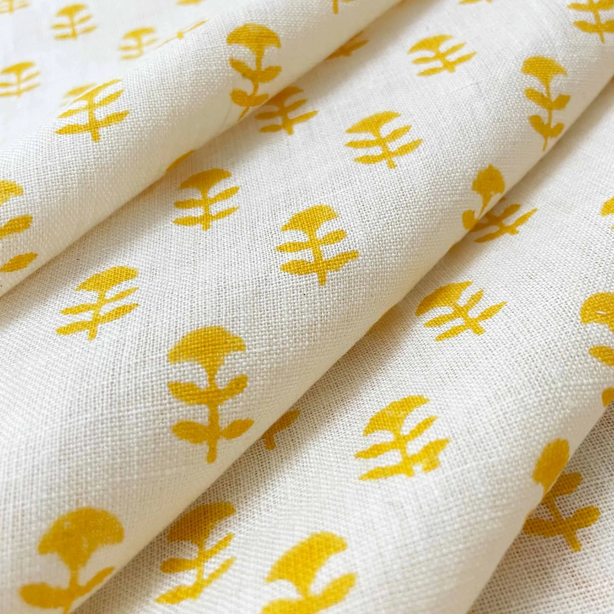 Yellow Tiny Flower Hand Block Printed Linen