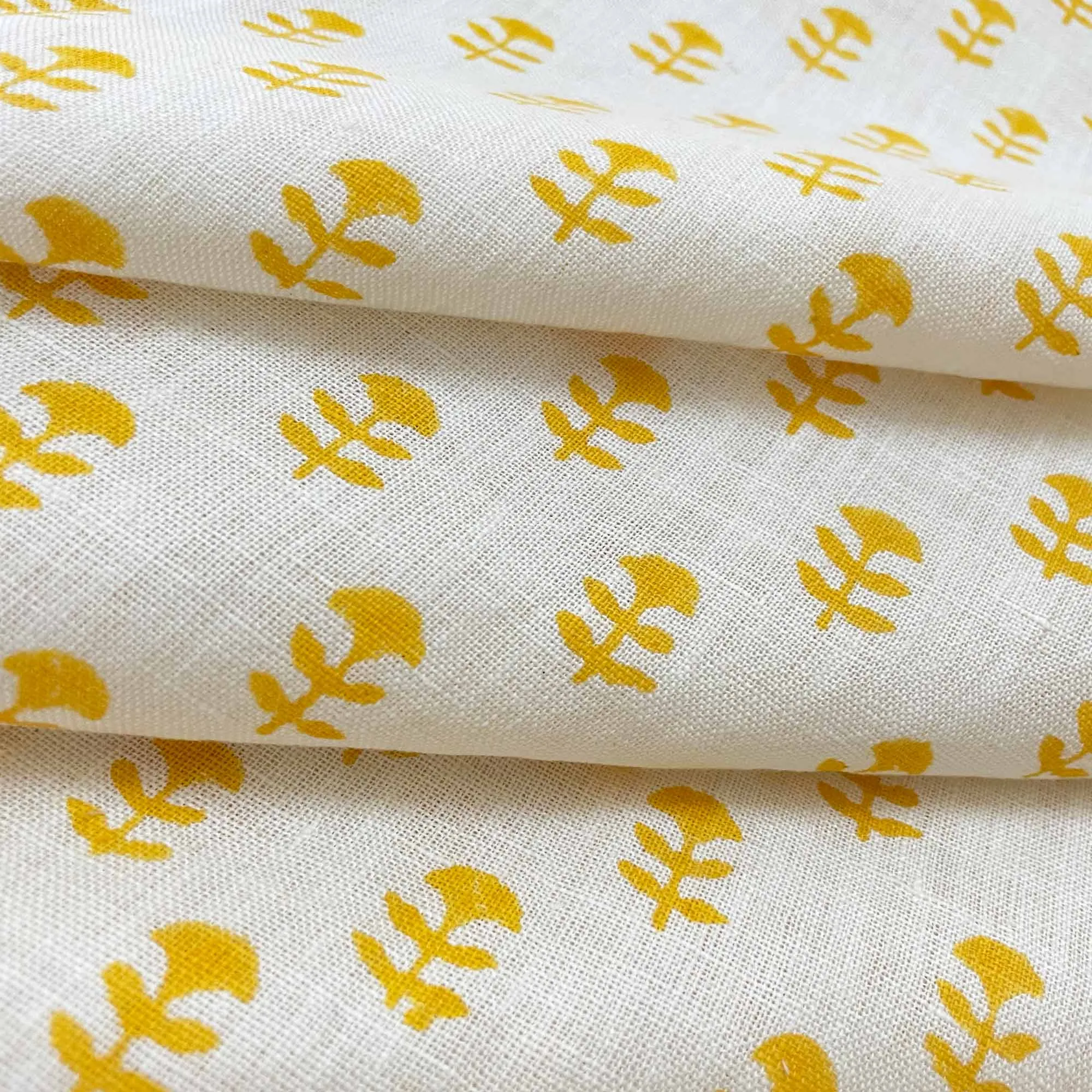 Yellow Tiny Flower Hand Block Printed Linen