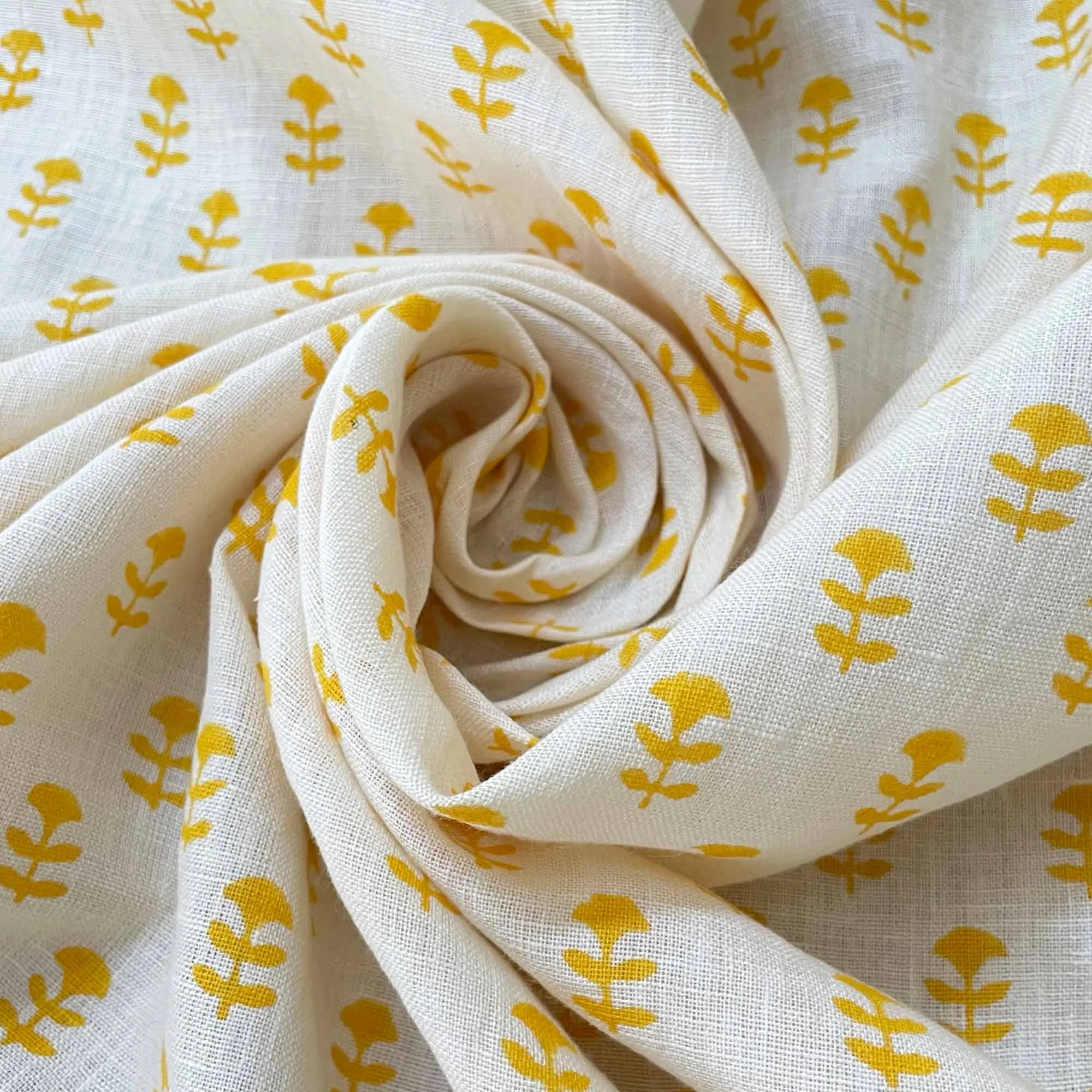 Yellow Tiny Flower Hand Block Printed Linen