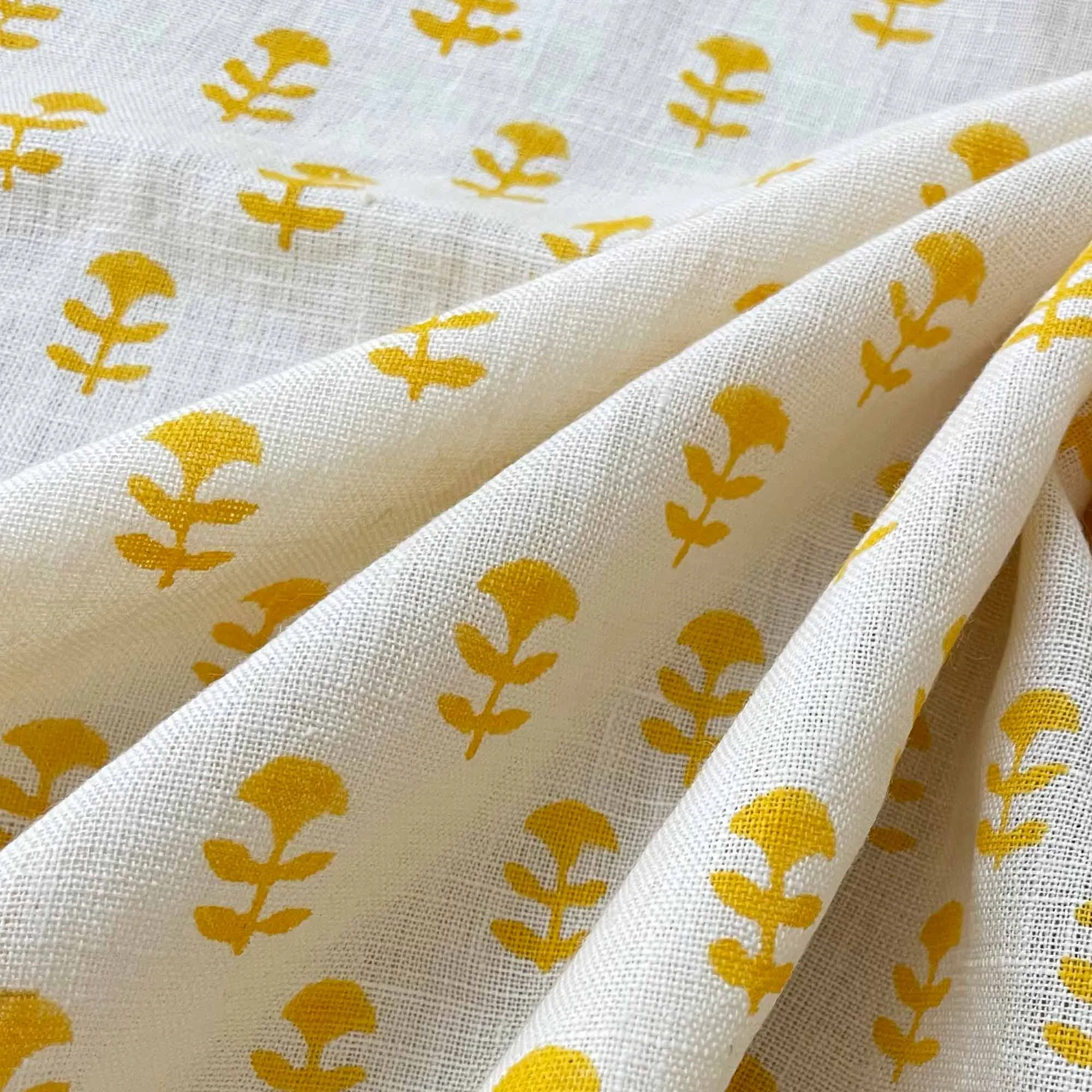 Yellow Tiny Flower Hand Block Printed Linen