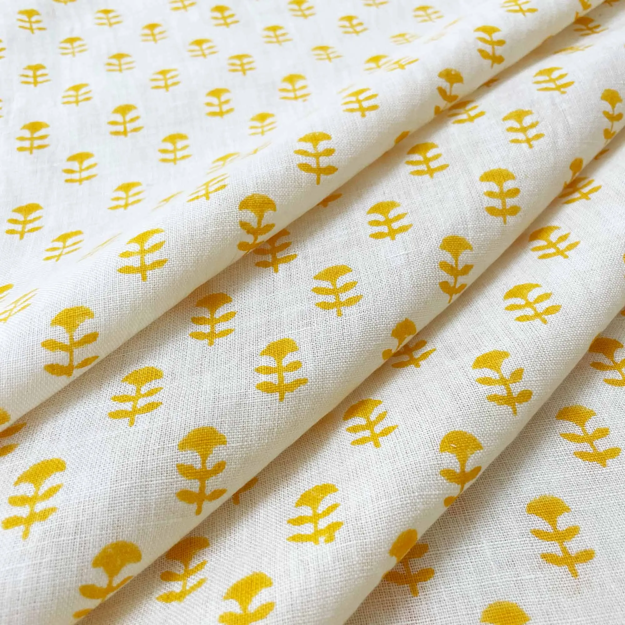 Yellow Tiny Flower Hand Block Printed Linen